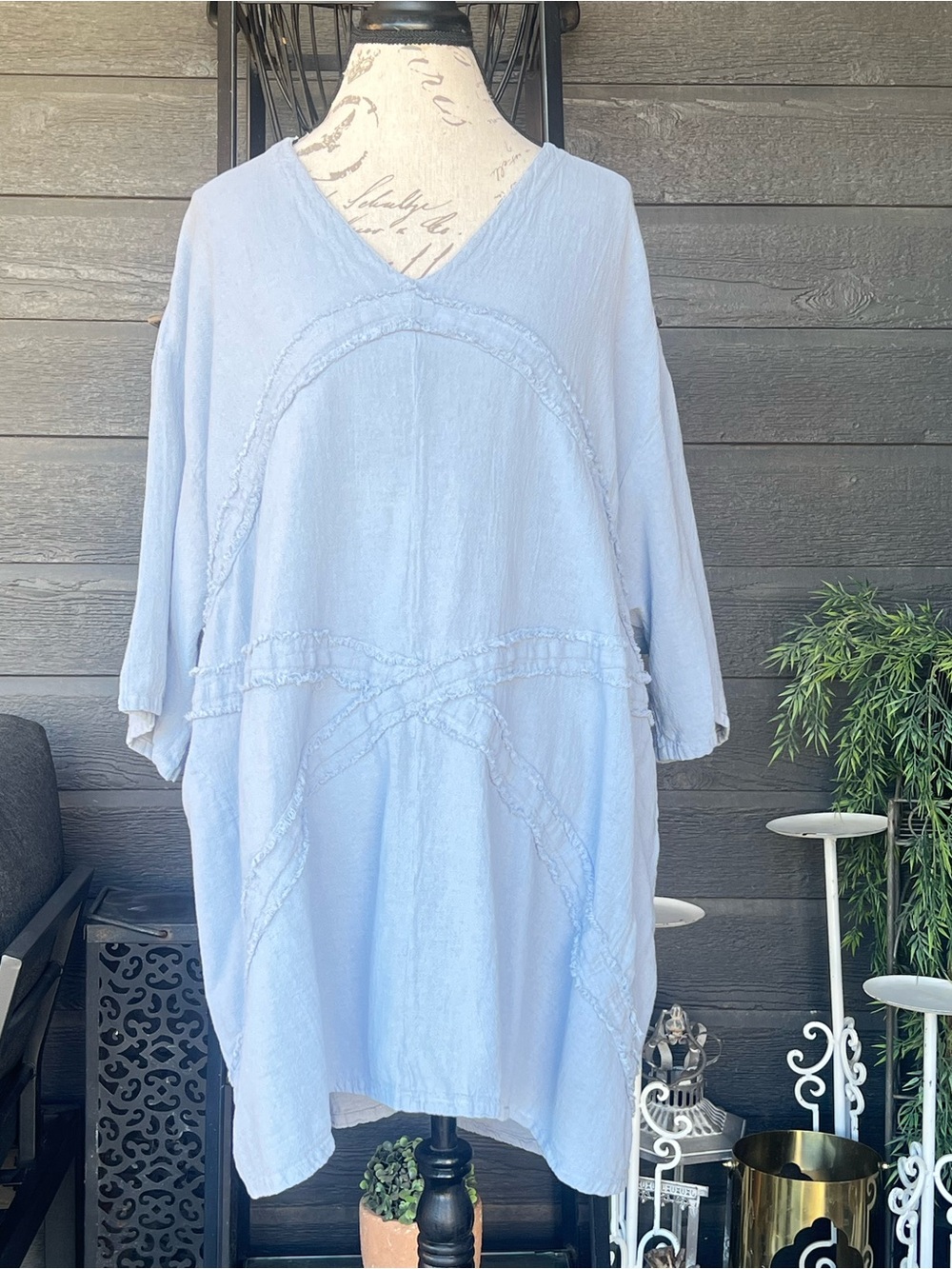 Oh My Gauze! Lagenlook Oversized Light Blue Tunic Top Pockets One Size